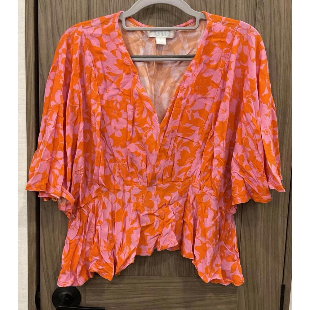 Bunulu Womens V Neck Short Sleeve Cropped Blouse Size L